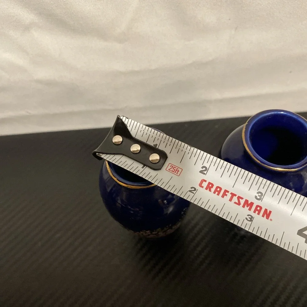 Vtg Pair of Cobalt Blue Hand Painted Artmark Japan Small Vases 4